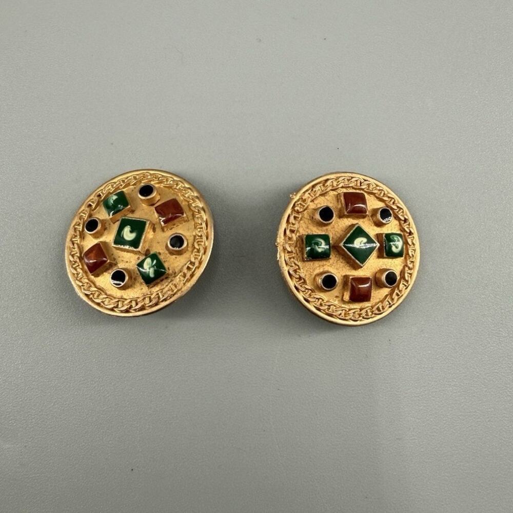 Vintage Gold Tone Byzantine Revival Clip-On Earrings Enamel Accents 80’s Style